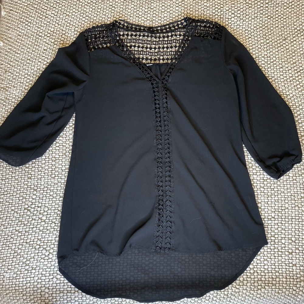 Black Lace Trim 3/4 Sleeve Blouse, fits small/medium. Tag removed.